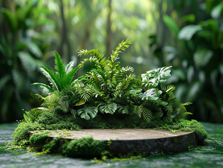 Concrete podium in tropical forest, enhanced by a vibrant green backdrop green botanicals, plantsの素材