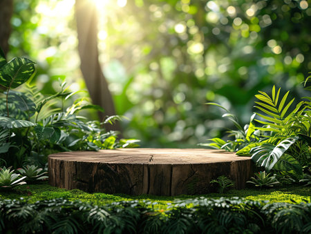 Wood podium on the grass in tropical forest, enhanced by a vibrant green backdrop green botanicals, plantsの素材