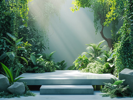 Concrete podium in tropical forest, enhanced by a vibrant green backdrop green botanicals, plantsの素材