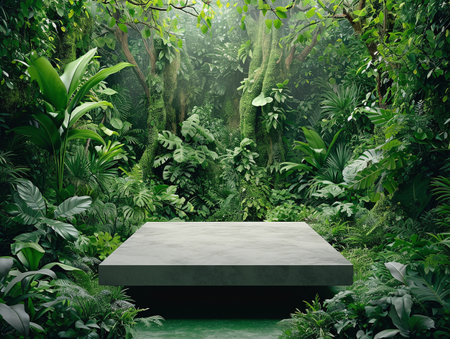 Concrete podium in tropical forest, enhanced by a vibrant green backdrop green botanicals, plantsの素材