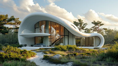 An architectural photo of a small, cute, fractal, ï¬uid, all white futuristic architecture villa, with sinuous arches and white tiled facade.の素材