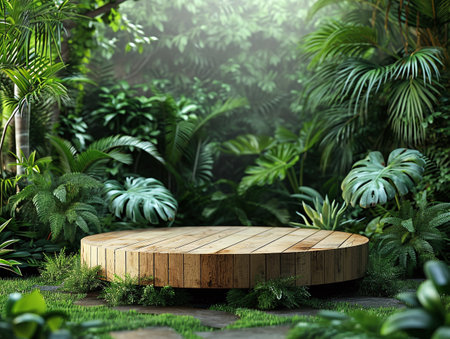 Wood podium on the grass in tropical forest, enhanced by a vibrant green backdrop green botanicals, plantsの素材