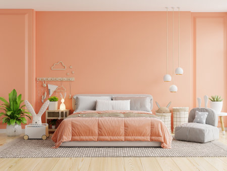 Bedroom in pastel tone peach fuzz color wall,Mock up wall in the children's room- 3D renderingの写真素材