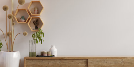 Wood cabinet and accessories decor in living room interior on empty white wall background- 3D renderingの写真素材