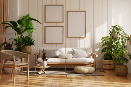 Farmhouse style living room,wall mockup- 3D renderingの写真素材