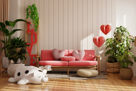 Valentine interior room have red sofa and home decor for valentine's day- 3D renderingの写真素材