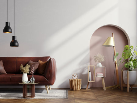 Living room wall mockup with leather sofa and decor on two tone background- 3D renderingの写真素材