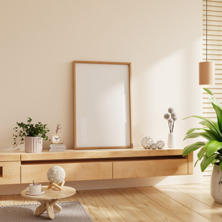 Poster mockup with vertical wooden frame,Mockup frame in cozy home interior background- 3D renderingの写真素材