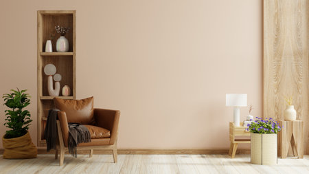 Living room wall mockup with leather armchair and decor on cream color wall background- 3D renderingの写真素材