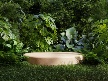 Product presentation with a wooden podium set amidst a lush tropical forest and flower,enhanced by a vibrant green backdrop- 3D renderingの写真素材