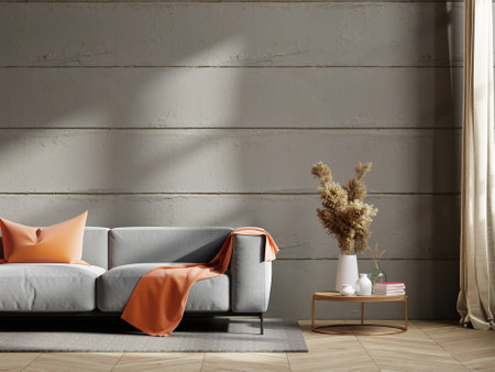 Mockup concrete wall in loft style house with sofa and accessories in the room- 3D renderingの写真素材