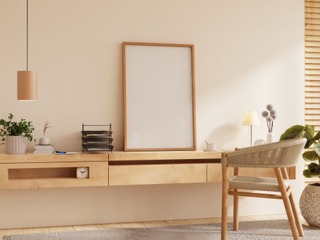 Frame mockup,Living room wall poster mockup in home office interior background- 3D renderingの写真素材