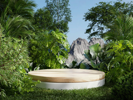 Product presentation with a wooden podium set amidst a lush tropical forest and flower,enhanced by a vibrant green backdrop- 3D renderingの写真素材