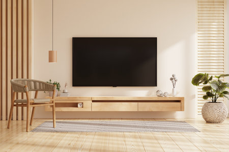 Living room interior have tv cabinet and armchair in cement room.Farmhouse style- 3D renderingの写真素材