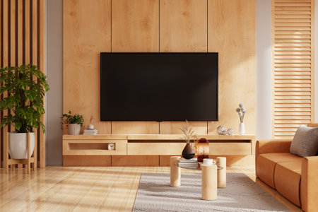 Wooden wall mounted tv on cabinet in living room with leather sofa and decor accessories,minimal design- 3D renderingの写真素材