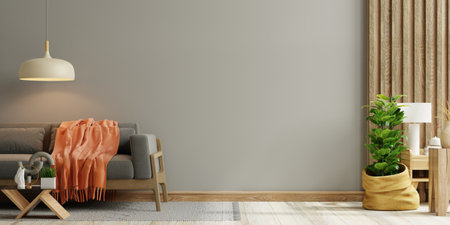 Dark living room interior background with grey sofa on gray wall and wooden flooring- 3D renderingの写真素材