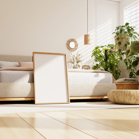 Mockup poster frame in cozy home bedroom interior background- 3D renderingの写真素材