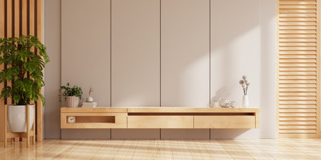Cabinet TV wall mounted with decoration in living room and white wall- 3D renderingの写真素材