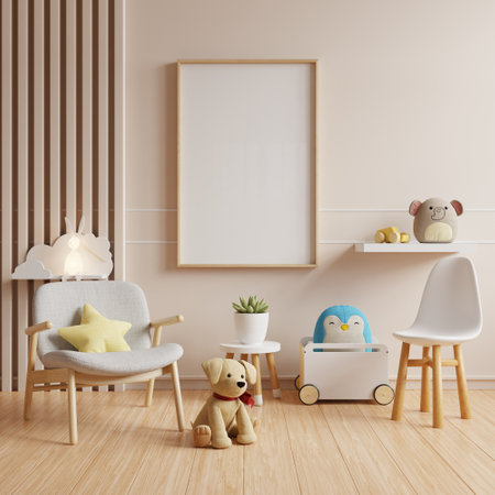 Mockup posters in child room interior,Scandinavian style children room- 3D renderingの写真素材