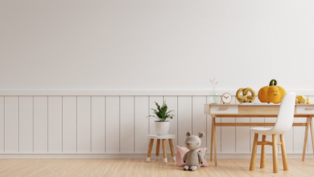 Mockup wall in the children's room on white wall background,Scandinavian style children room- 3D renderingの写真素材