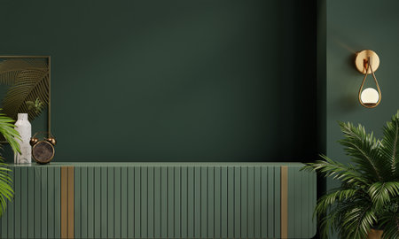 Green cabinet and accessories decor in living room interior on empty dark wall background- 3D renderingの写真素材