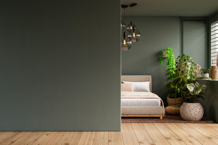 Dark green bedroom and minimalist interior design- 3D renderingの写真素材