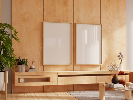 Mockup frame on cabinet in living room interior on empty wooden wall background- 3D renderingの写真素材