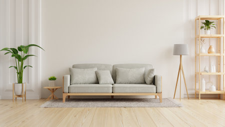 Bright and cozy modern living room interior have sofa and plant with white wall- 3D renderingの写真素材