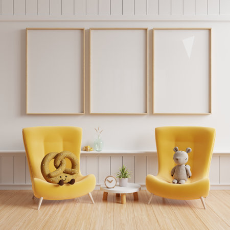 Mockup posters in child room interior,Scandinavian style children room- 3D renderingの写真素材