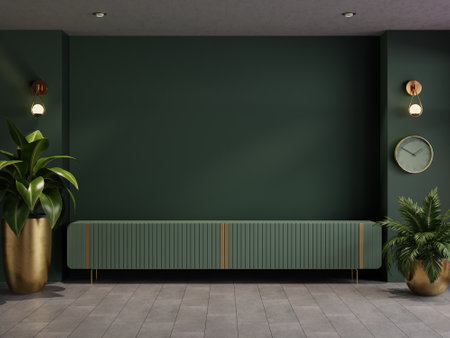 Green cabinet for TV and accessories decor in living room interior on empty dark wall background- 3D renderingの写真素材