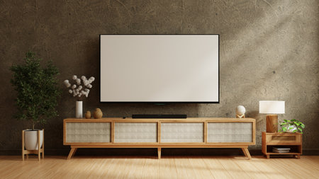 TV on the wood cabinet in modern living room with plant on concrete wall background- 3D renderingの写真素材