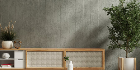 Wall mockup with Vase and green plant,Concrete wall and shelf- 3D renderingの写真素材