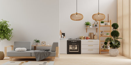 Living room interior wall mockup in warm tones with leather sofa which is behind the kitchen- 3D renderingの写真素材