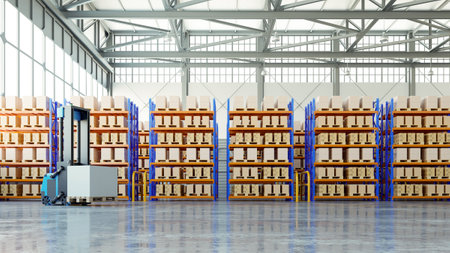 forklift in the large modern warehouse,forklift AGV- 3D renderingの写真素材