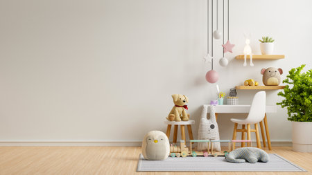 Mockup wall in the children's room on white wall background,Scandinavian style children room- 3D renderingの写真素材