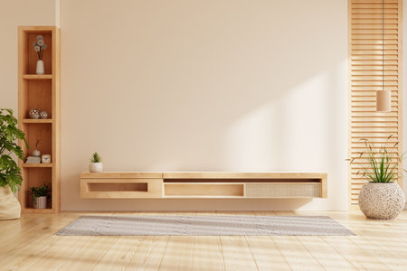 Mockup a cabinet television wall mounted with decoration in living room and white wall- 3D renderingの写真素材