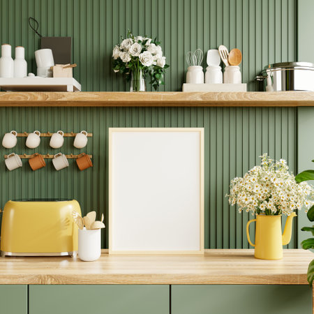 Mockup poster frame in kitchen interior on empty green color wall background- 3D renderingの写真素材