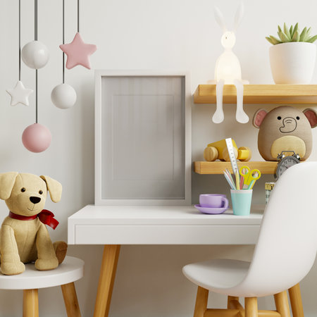 Mockup posters in child room interior,Scandinavian style children room- 3D renderingの写真素材
