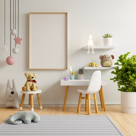 Mockup posters in child room interior,Scandinavian style children room- 3D renderingの写真素材
