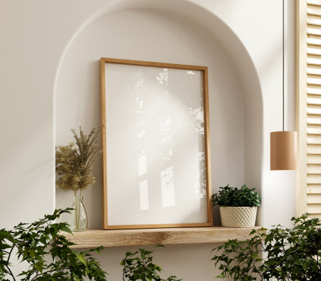 Poster frame mockup with vertical wooden frame in home interior background- 3D renderingの写真素材