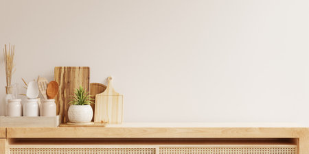 Wood cabinet and accessories decor in living room interior on empty tiles white wall background- 3D renderingの写真素材