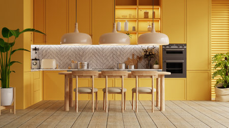 Cozy modern kitchen room interior design with dark yellow wall- 3D renderingの写真素材