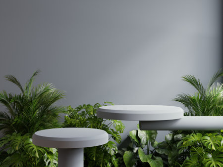Two blue podium in tropical forest for product presentation and dark background- 3D renderingの写真素材