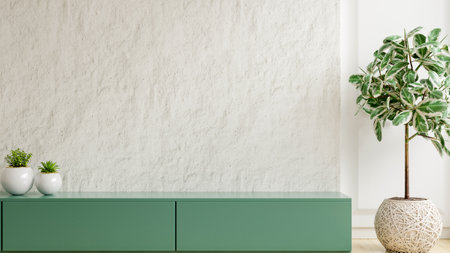 Green cabinet and accessories decor in living room interior on empty plaster wall background- 3D renderingの写真素材