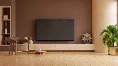 TV and cabinet in modern living room with decoration on pinecone color wall background- 3D renderingの写真素材