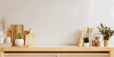 Mockup wall panelling with wooden shelf and accessories in kitchen room- 3D renderingの写真素材
