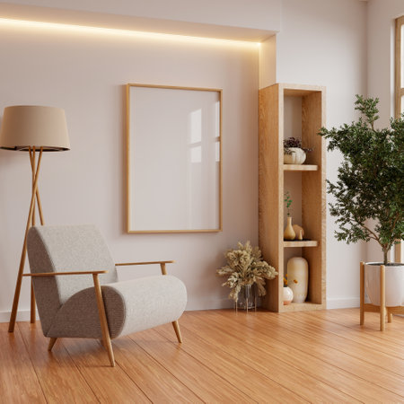 Poster mockup with vertical frames on empty white wall in living room interior- 3D renderingの写真素材