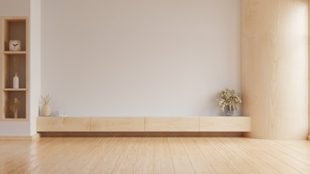 Cabinet for TV wall mounted with decoration in living room and white wall- 3D renderingの写真素材