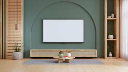 TV on wall and wood shelf cabinet with dark green color wall background- 3D renderingの写真素材