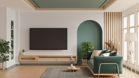 Green wall mounted tv on cabinet in living room with green sofa and decor accessories- 3D renderingの写真素材